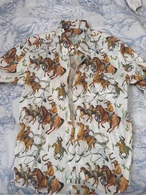 Casual Cowboy Print Button-Down Shirt - White/Brown